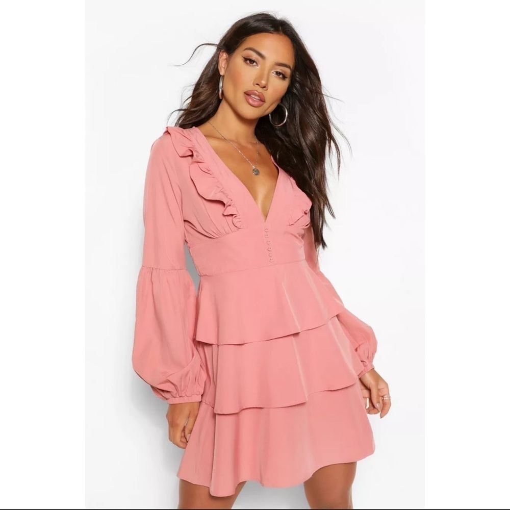 Boohoo Ruffled Plunge Tiered Skater Dress